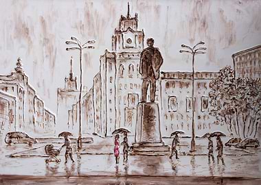 couple in love meeting in front of the monument under t ...