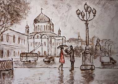 man date a woman in red dress around the cathedral in m ...