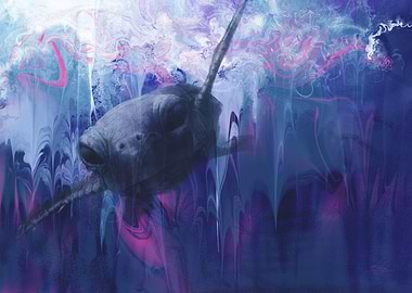 Baby turtle swimming in abstract water.