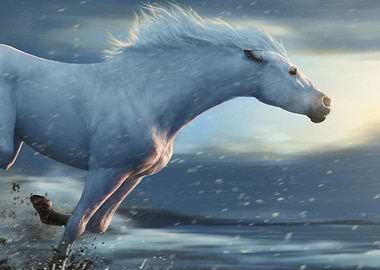 A white horse running in the snow.