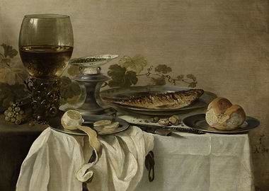 Pieter Claesz - Still Life with a Fish, 1647, oil on pa ...