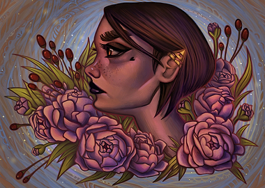 A digital painting of a girl in a sea of beautiful, blo ...