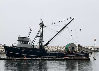 Fishing Boat Fishing boat in the harbor with many pelic ...