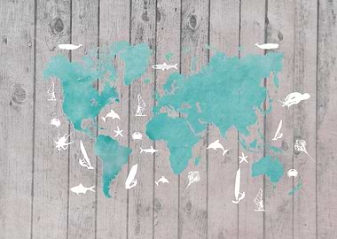 world map grey blue fish and surf