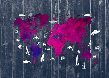 world map purple fish and surf