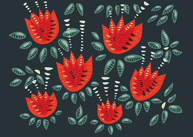 Dark floral pattern with an abstract illustration of re ...