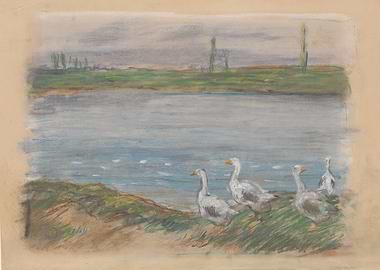 Alfred Sisley - Four Geese By a Pond, pastel on heavy c ...