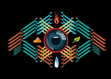 An all seeing eye is surrounded with earth's elements