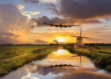 RAvro Lancaster Bomber over the Dutch Windmills
