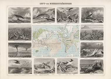 Air and sea currents vintage map - 1863