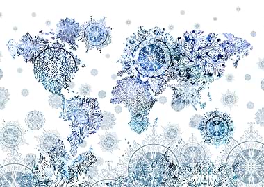 world map mandala white blue