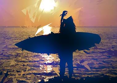 A surfer watching the waves at sunset