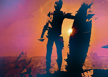 A surfer watching the waves at sunset