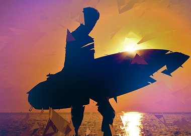 A surfer watching the waves at sunset