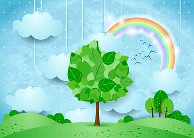 Countryside with big tree, fantasy illustration