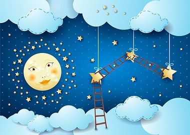 Surreal night with moon stars and ladders