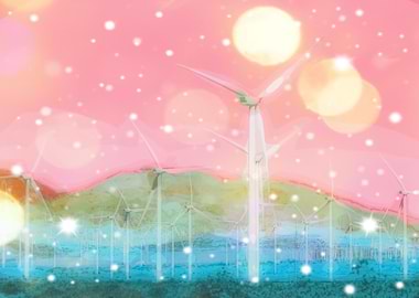 wind turbine in the desert with snow and bokeh lig
