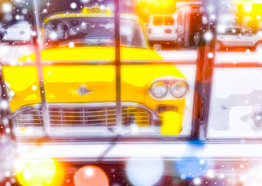yellow classic taxi car with colorful bokeh light