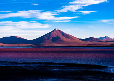 Volcano & Red lake with Flamingos in Bolivia