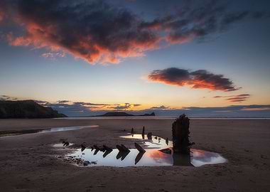 Sunset at Worms Head and the wreck of the Helvetia