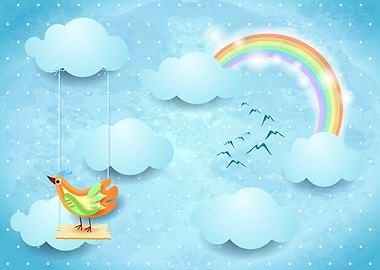 Surreal sky with bird and swing