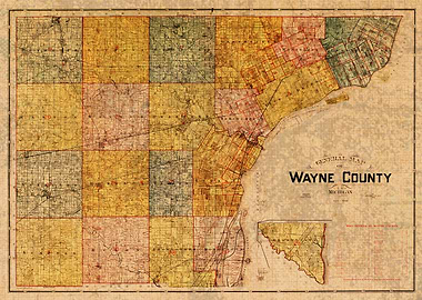 Map of Wayne County Detroit Michigan 1893 Vintage