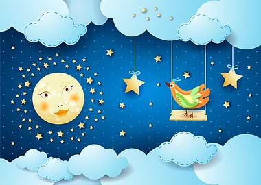 Surreal night with clouds, full moon and bird