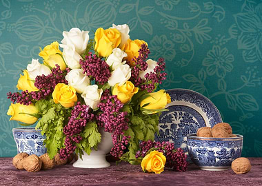 Roses, lilac and feverfew with walnuts