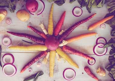 Colorful carrots and root vegetable mandala