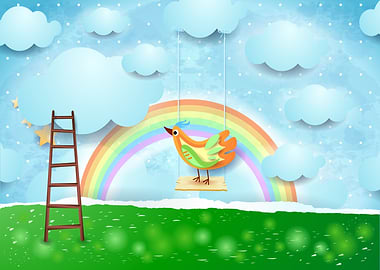 Surreal paper landscape with bird