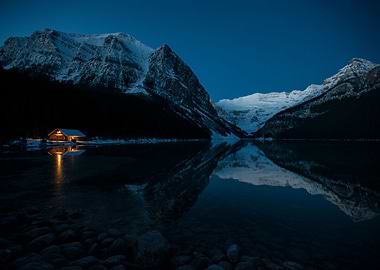 Lake Louis Reflected with Warm Glow of Boat House