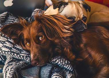 Irish Setter and Pug Friends Relaxing