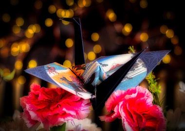 Origami Crane on flowers