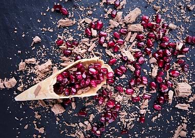 Pomegranate seeds on slate