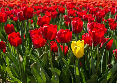 Yellow tulip in red field