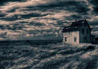 BW house in a field Cliche