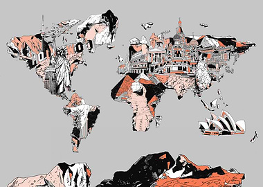 world map collage grey