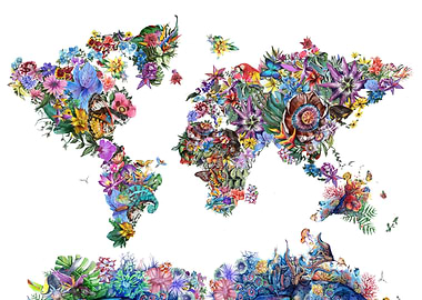 world map tropical floral