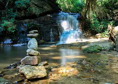 Waterfall and zen stones