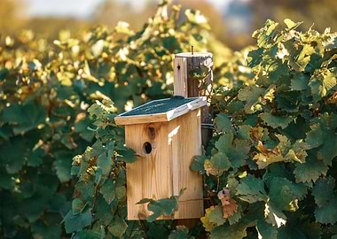 Birdhouse in autumn vineya
