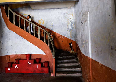 Kid running up the stairs