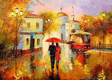 Autumn rain in the city