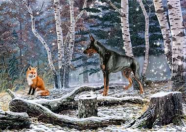 Doberman and fox