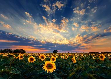 Sunset sunflower fields