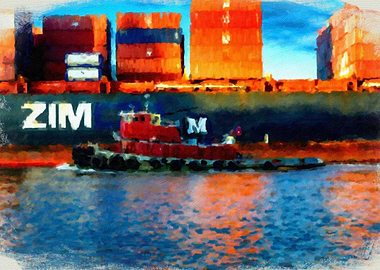 Tugboat and Zim Freighter