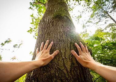 A man touching a tree