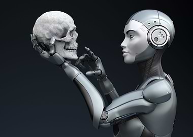 Robot with human skull in