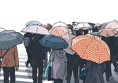 Rainy day Tokyo crowd