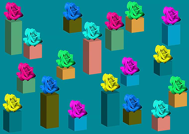 Pots of roses on blue