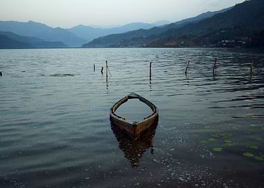 Old boat flooded in lake